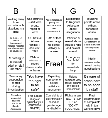 PSA Bingo Card