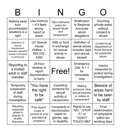 PSA Bingo Card