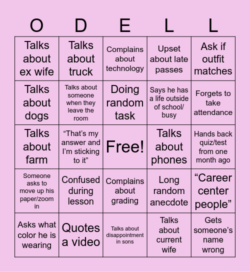 O’DELL Bingo Card