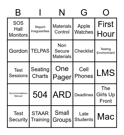 STAAR Bingo Card