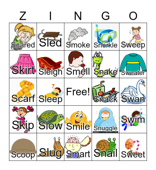 Junior's Zingo! Game - S Blends Bingo Card