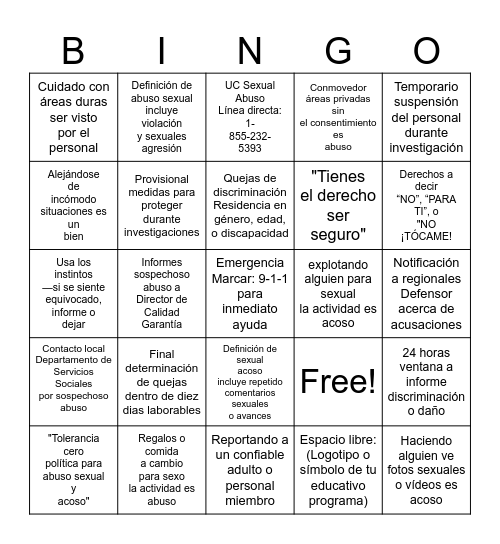 PSA Bingo (Spanish) Bingo Card