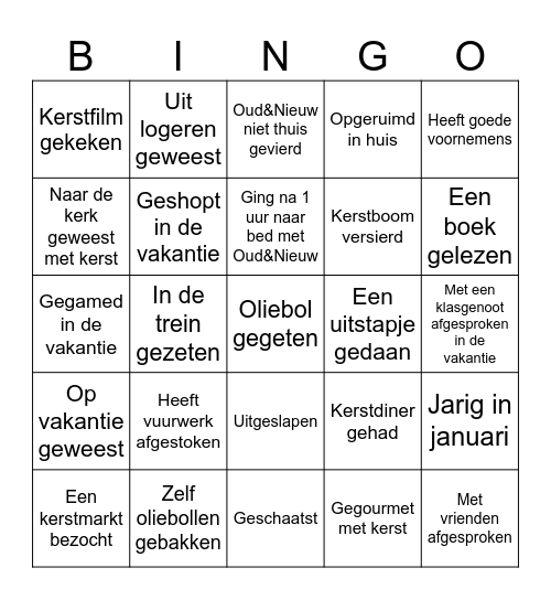 Kerstvakantie Bingo Card