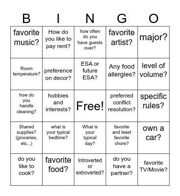 Roommate Finder Bingo Card