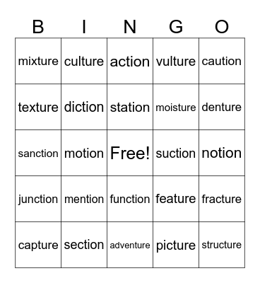 ture, tion Bingo Card