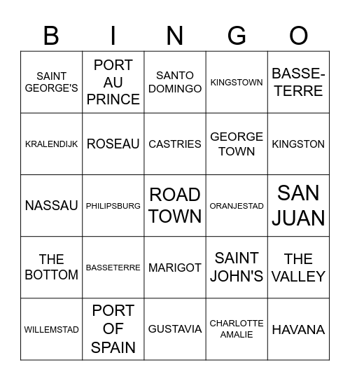 CARIBBEAN ISLANDS AND CAPITALS Bingo Card