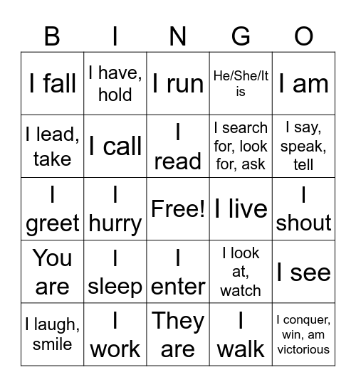 All the verbs from Suburani chs 1-3 Bingo Card