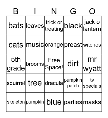 2016 5th Grade Fall Party Bingo Card