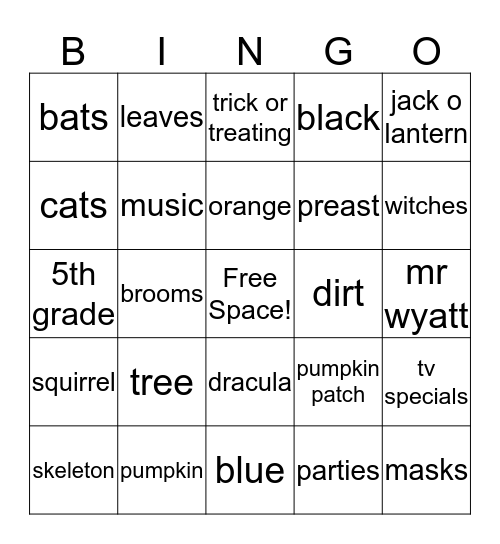 2016 5th Grade Fall Party Bingo Card