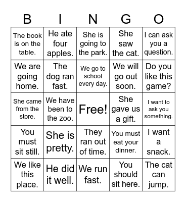 Sentence Bingo Card