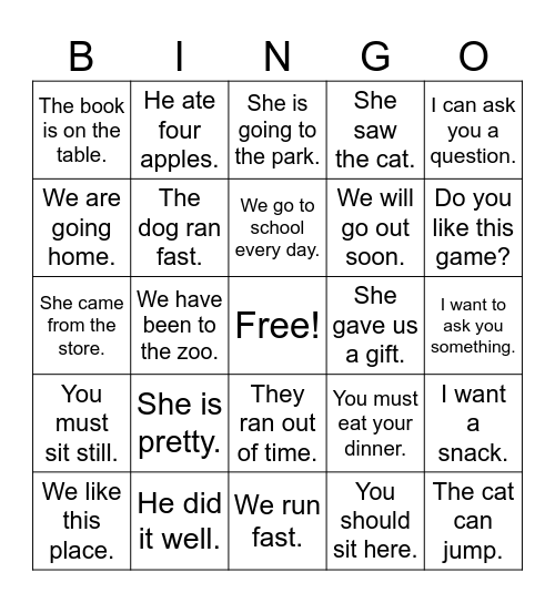 Sentence Bingo Card