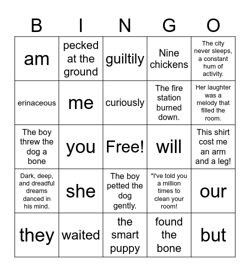 Parts of Speech Catch Up Bingo Card