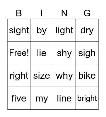 Long I Bingo Card