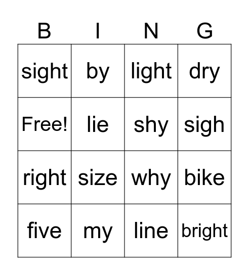 Long I Bingo Card