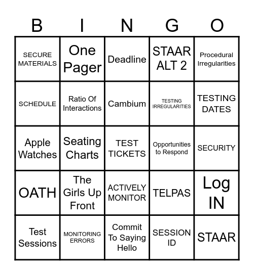 STAAR TRAINING Bingo Card