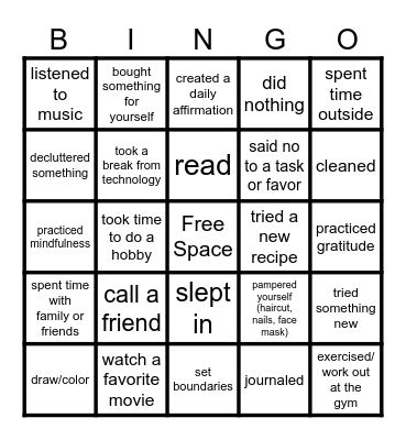 Self Care Bingo Card
