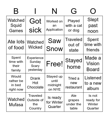 Winter Break Bingo Card