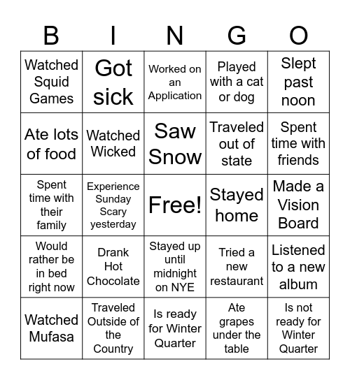 Winter Break Bingo Card