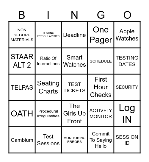 STAAR TRAINING Bingo Card