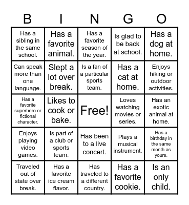 Welcome Back! Bingo Card