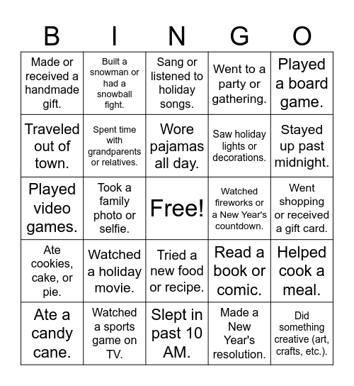 Winter Break Bingo Card