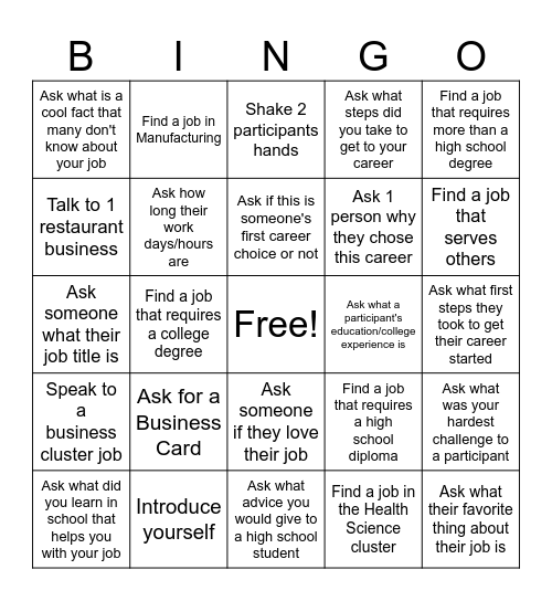 Career Fair BINGO Card