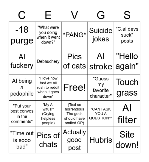 C.ai site down Bingo Card