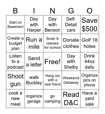 Bryce's New Years Resolutions Bingo Card