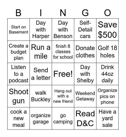 Bryce's New Years Resolutions Bingo Card
