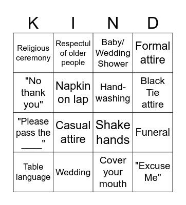 Manners and Special Occasions Bingo Card