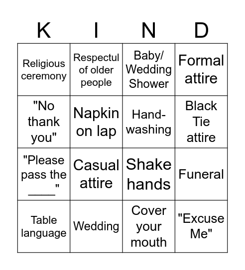 Manners and Special Occasions Bingo Card