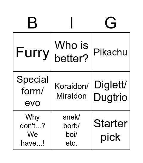 Pokemon Memes Bingo Card