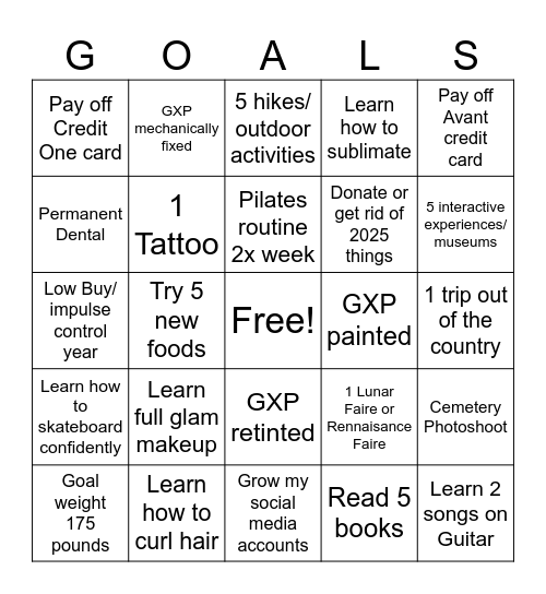2025 Goals Bingo Card