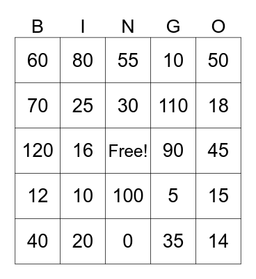 Multiplication 2s, 5s, and 10s Bingo Card