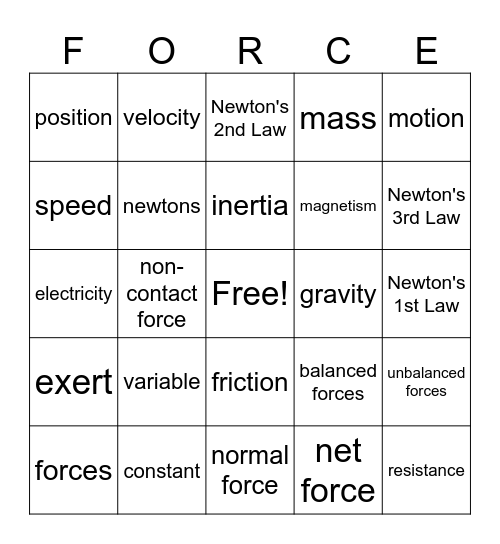 Force and Motion Bingo Card