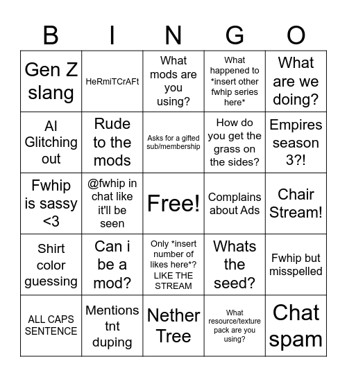 Fwhip Stream Bingo Card