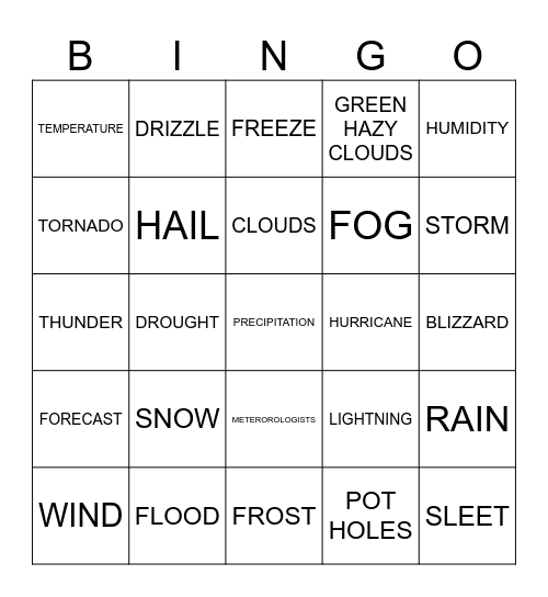 WET WEATHER DAY Bingo Card
