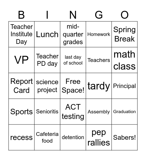 2nd Semester Bingo Card