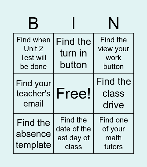 Google Classroom Bingo Card