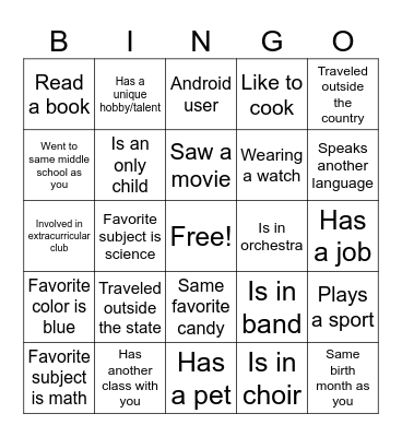Get to know you Bingo Card