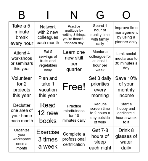 Example New Year's Resolution Bingo Card