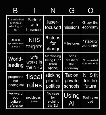 Keir Starmer PM bingo Card