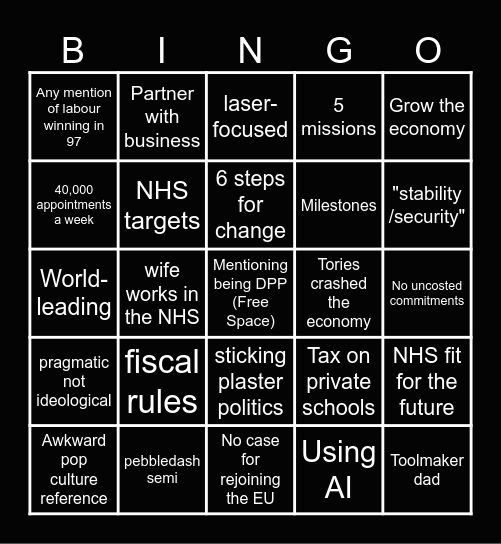 Keir Starmer PM bingo Card