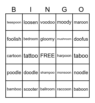 Diphthong OO Words Bingo Card