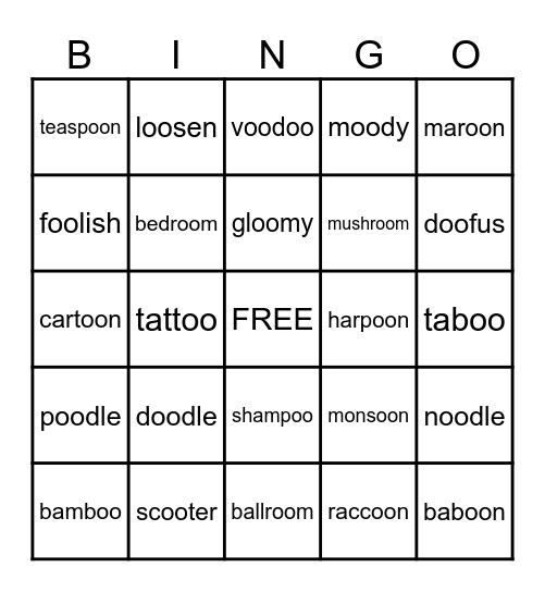 Diphthong OO Words Bingo Card