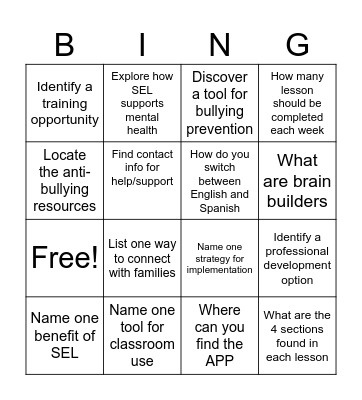 Second Step Bingo Card