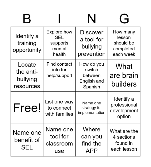 Second Step Bingo Card