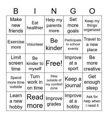 New Years Resolutions Bingo Card