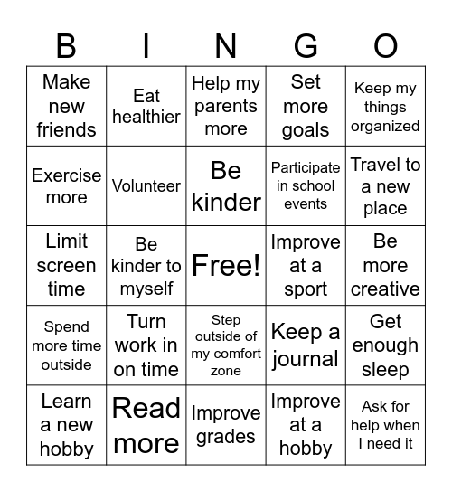 New Years Resolutions Bingo Card