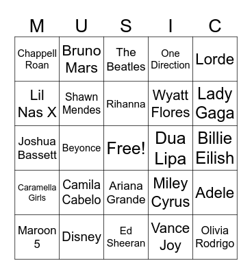 Bingo For Teens - Music Bingo Card